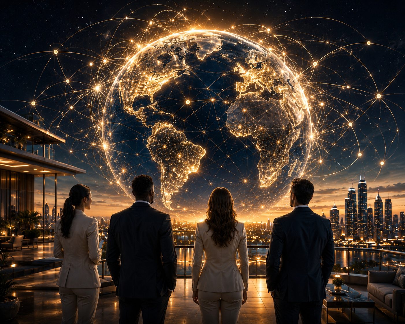 Real estate agents beneath a glowing global AI network